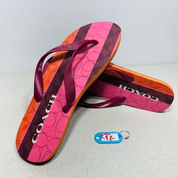 Coach Zak Signature Logo Stripe Flip Flop Sandals Select SZ 10 Burgundy - Picture 1 of 8